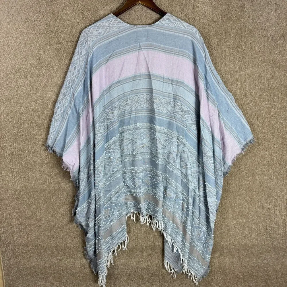 Anthropologie Shawl Wrap‎ Women’s OS Blue Boho Kimono Open Front Fringe